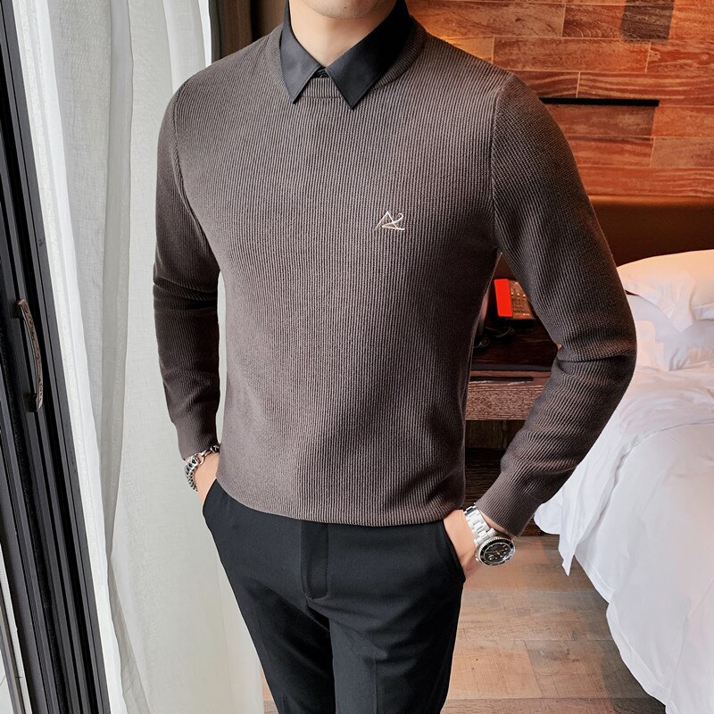 2022  Autumn  and Winter Holiday Two Sweaters Solid Color Simple Shirt Collar Knitted Long-sleeved  Men&s Fashion Br
